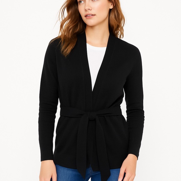 LOFT Black Cotton Open Front Cardigan with Tie Belt – Size Medium - Picture 1 of 8